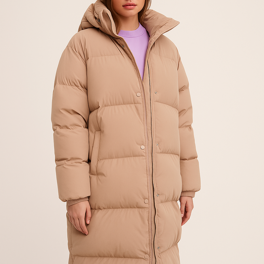 Długi Pikowany Puchowy Płaszcz Dla Kobiet - Zima