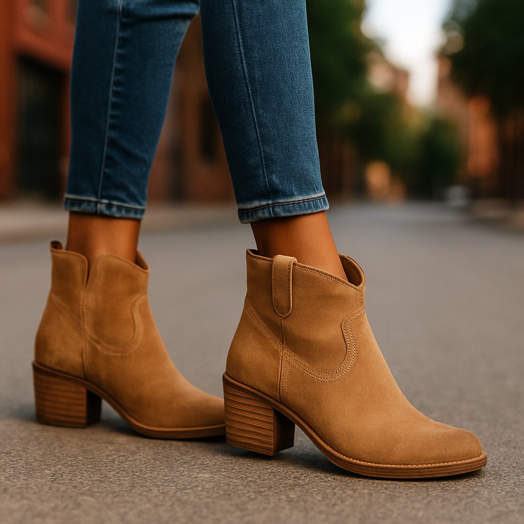 Beżowe zamszowe botki damskie na słupku – stylowe buty na jesień