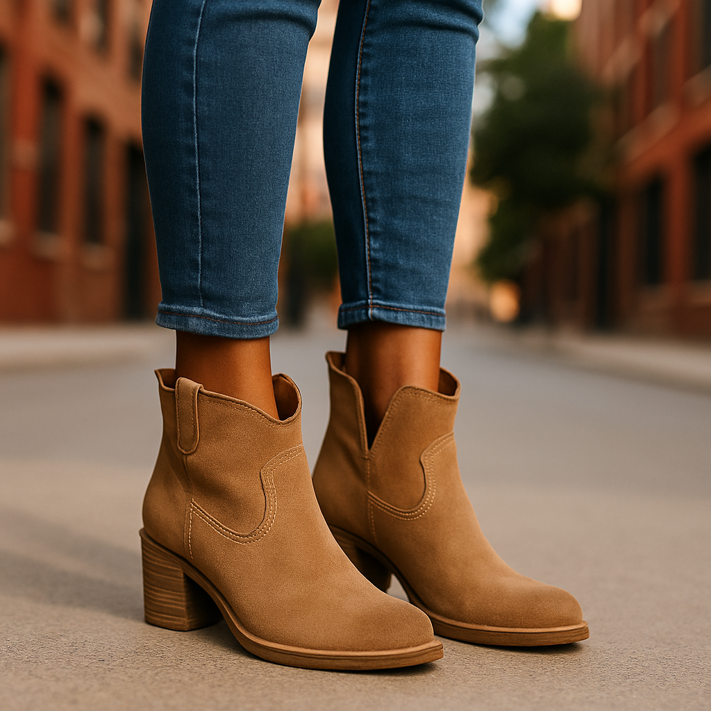 Beżowe zamszowe botki damskie na słupku – stylowe buty na jesień