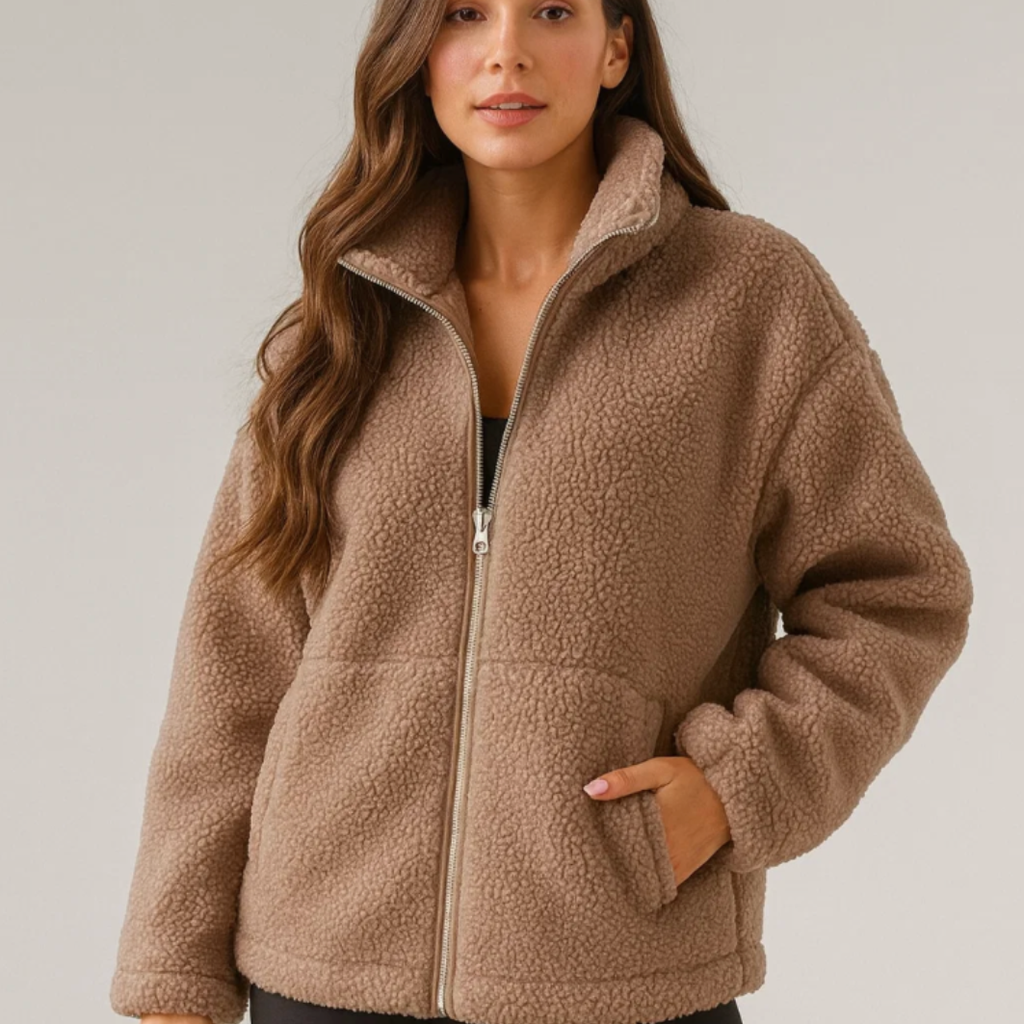 Dam fleece teddy vinterjacka med dragkedja för kalla dagar